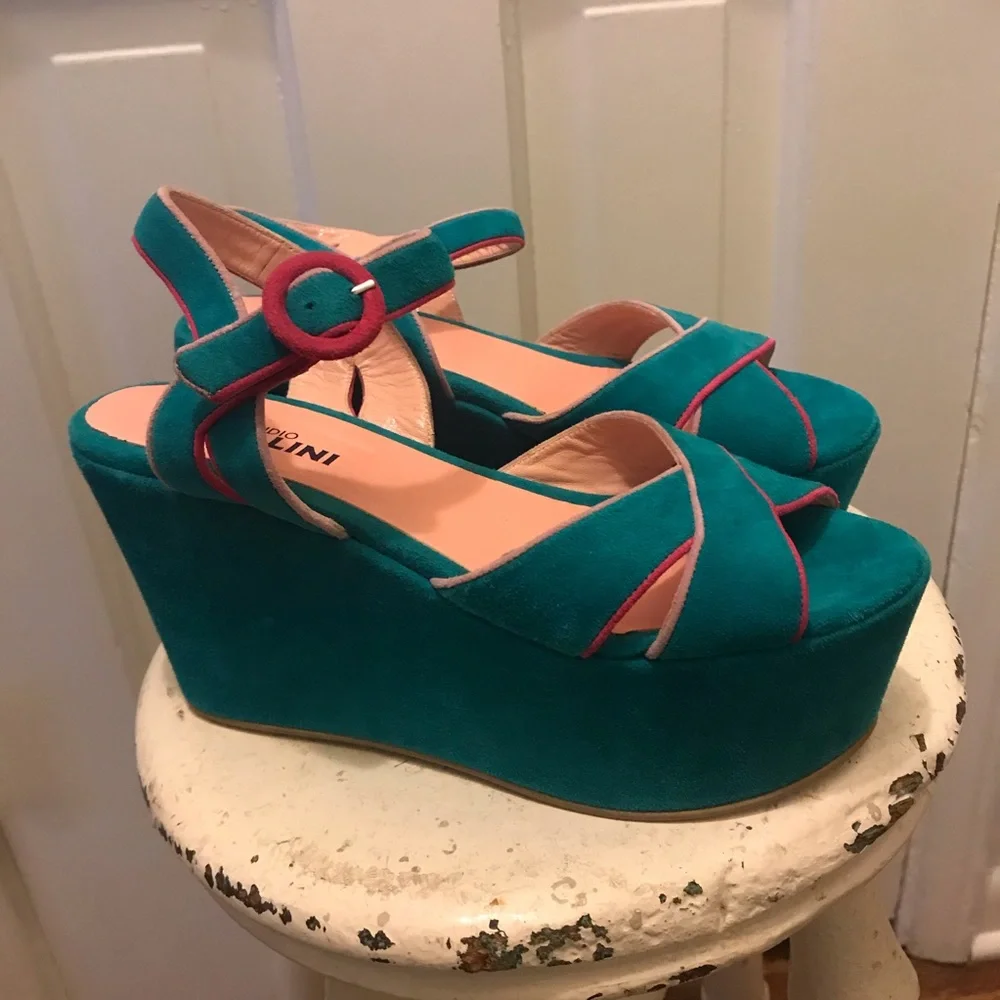 Studio Pollini Turquoise Suede Platform Sandals, size 38, made in Italy